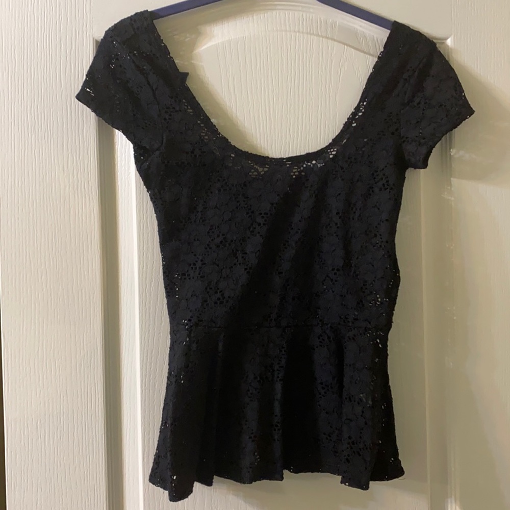 Peplum style black lace sheer shirt
